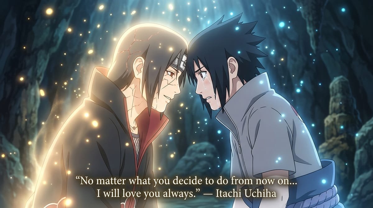 Edo Tensei Itachi touching foreheads with Sasuke dissolving in light with quote I will love you always