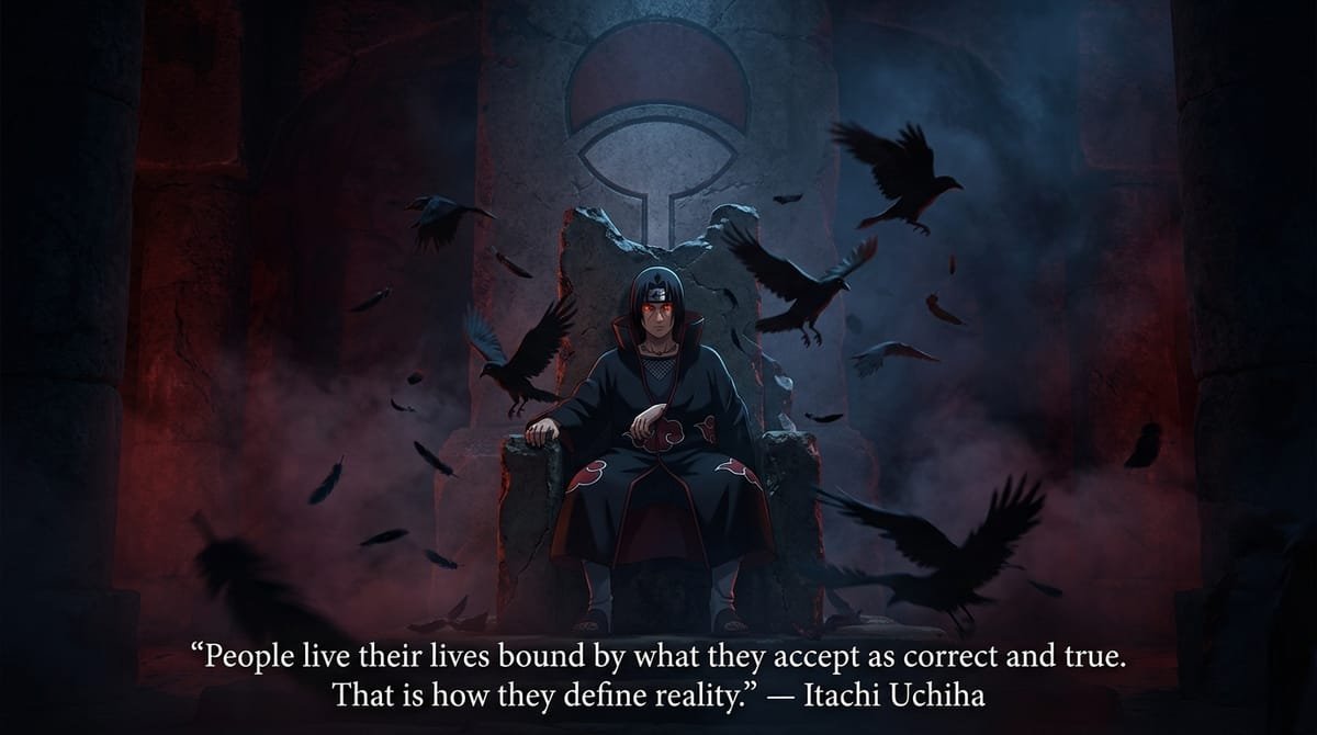 Itachi Uchiha on stone throne in Uchiha hideout with quote People live their lives bound by what they accept as correct and true