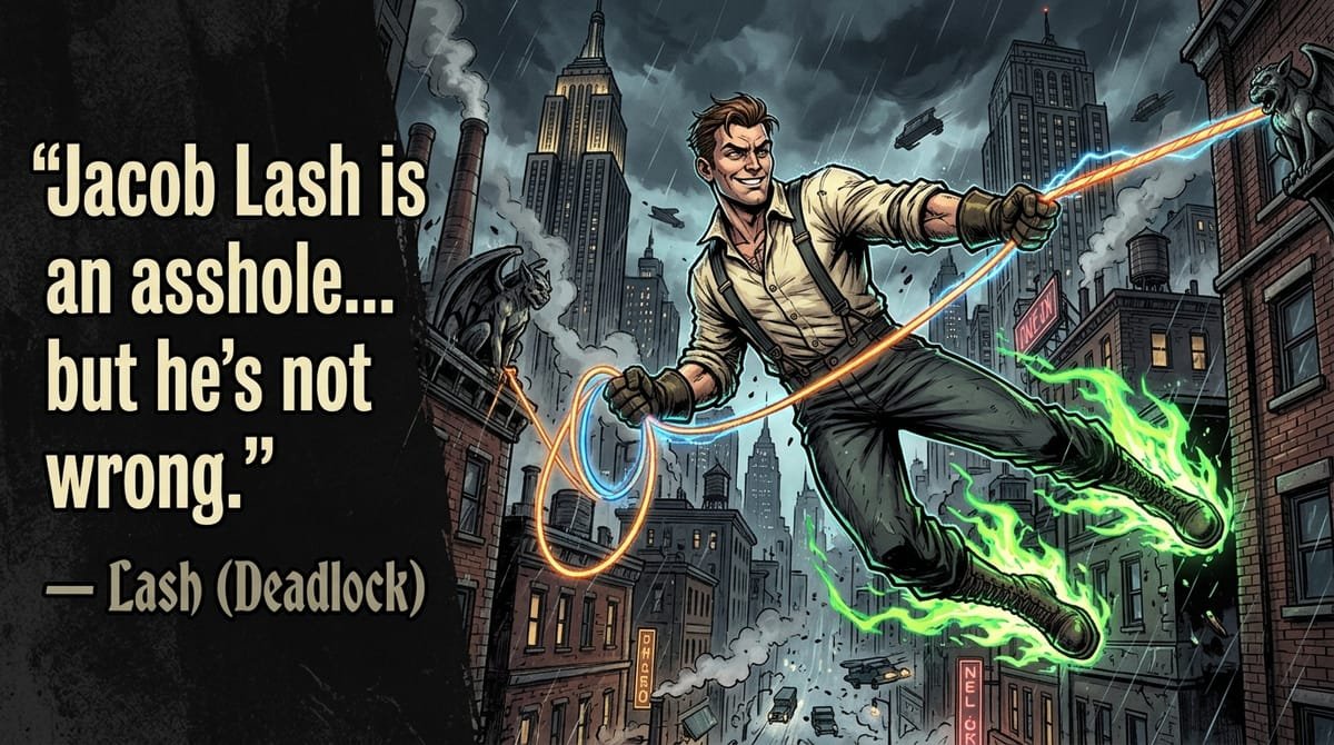 Jacob Lash from Valve Deadlock flying through occult 1930s New York with grapple hooks and quote Jacob Lash is an asshole but he is not wrong