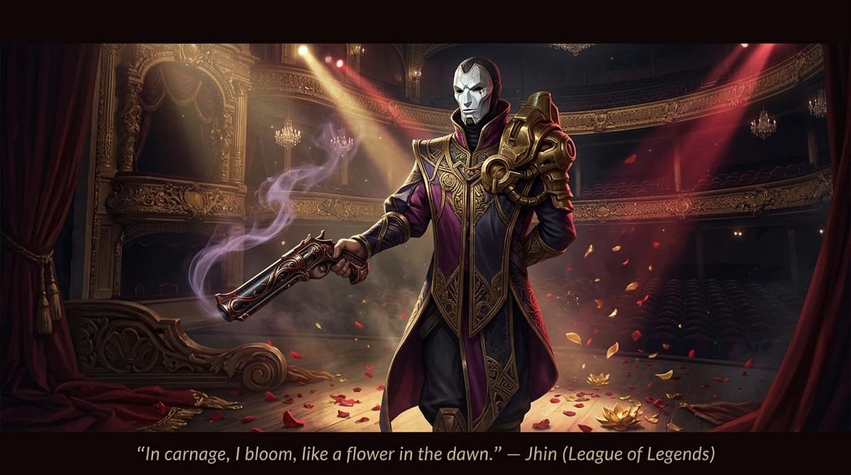 Khada Jhin on grand theater stage holding his Whisper gun with golden and red petals in League of Legends