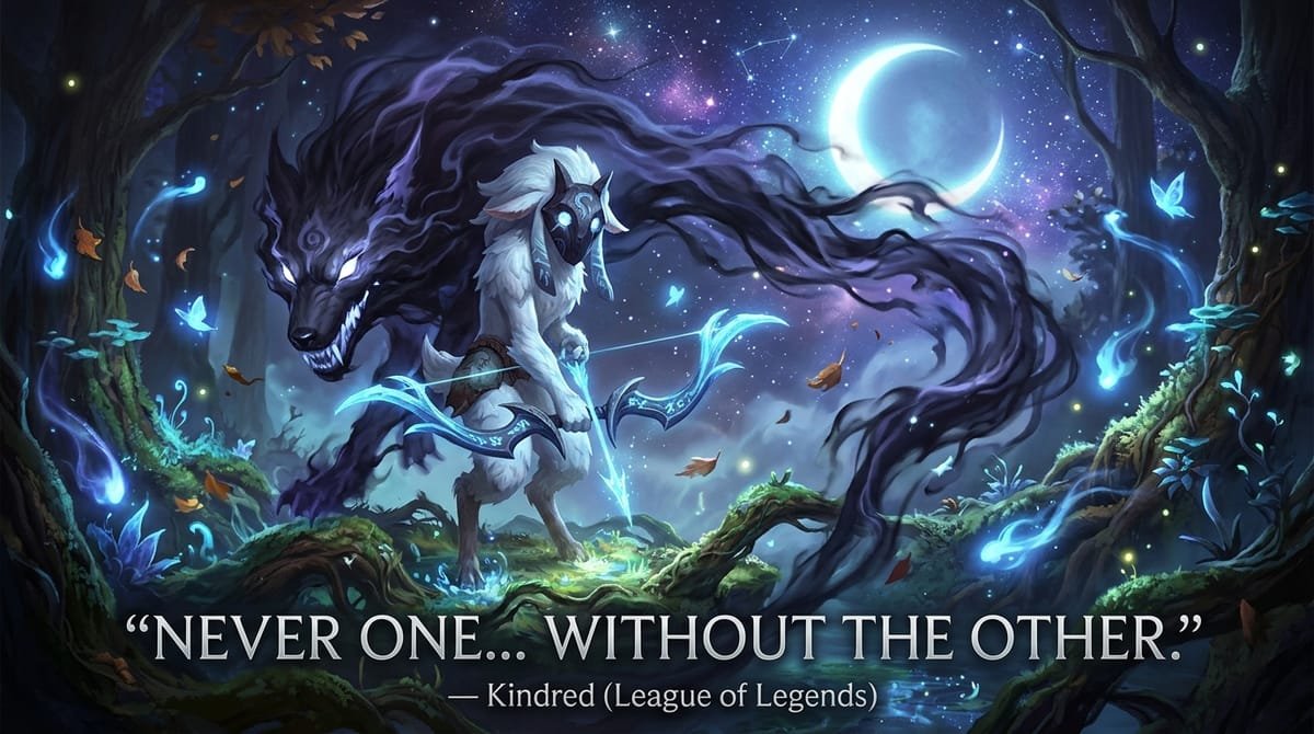Lamb with starlight bow and Wolf as dark shadow spirit in starry twilight forest in League of Legends