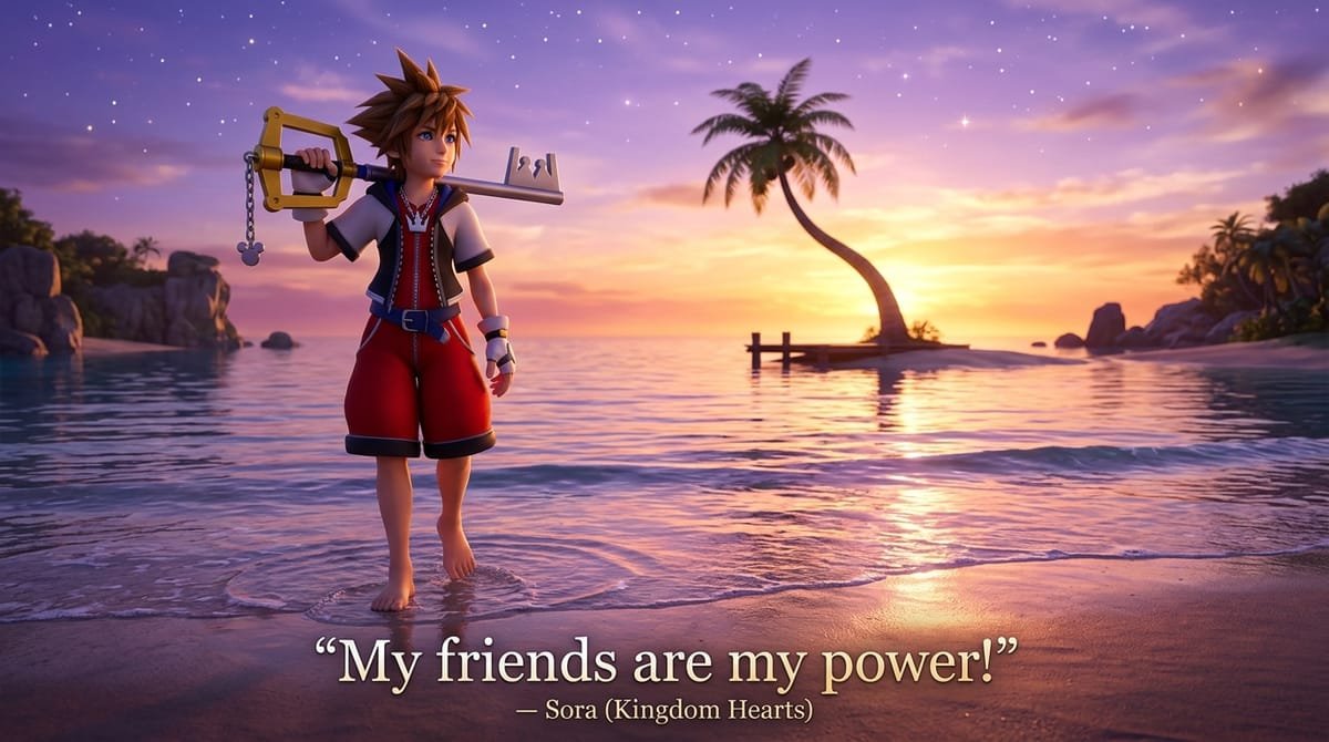 Sora standing on the beach of Destiny Islands with Keyblade under a twilight sky in Kingdom Hearts