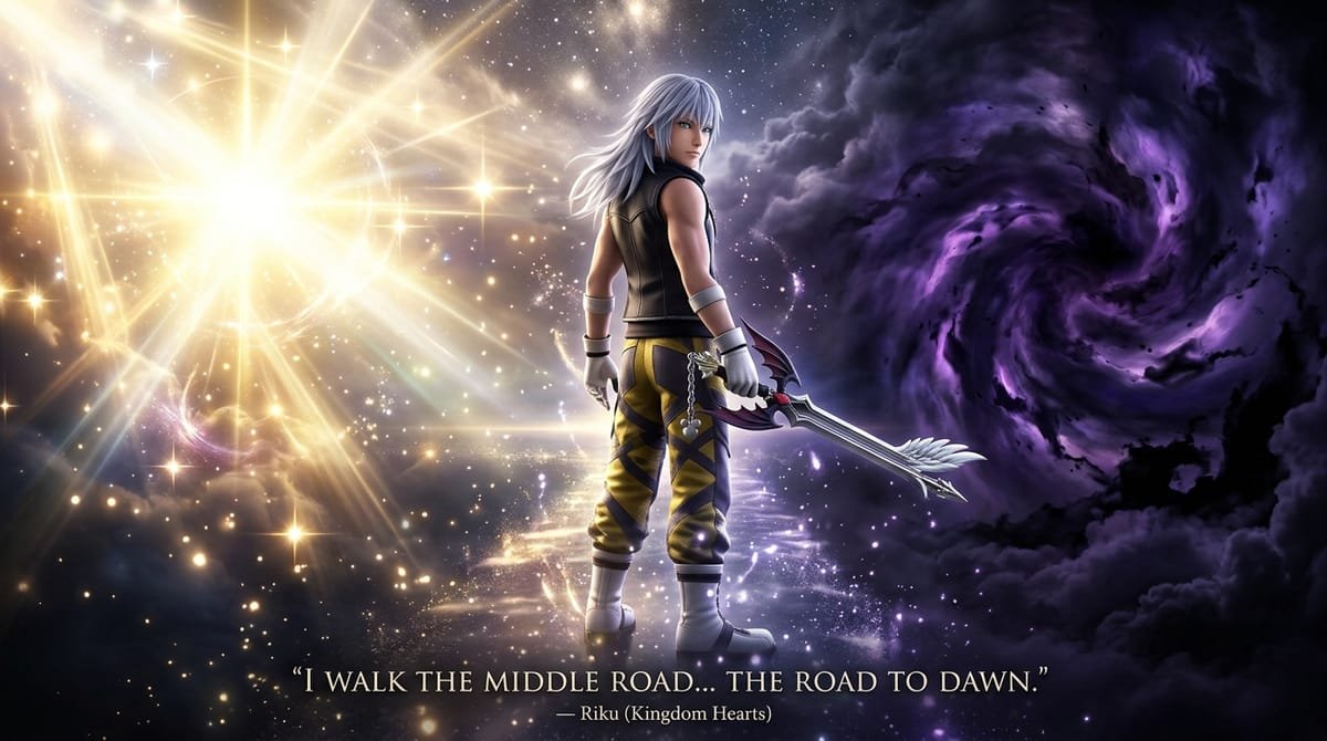 Riku standing at the crossroads between brilliant light and shadow with Way to the Dawn Keyblade