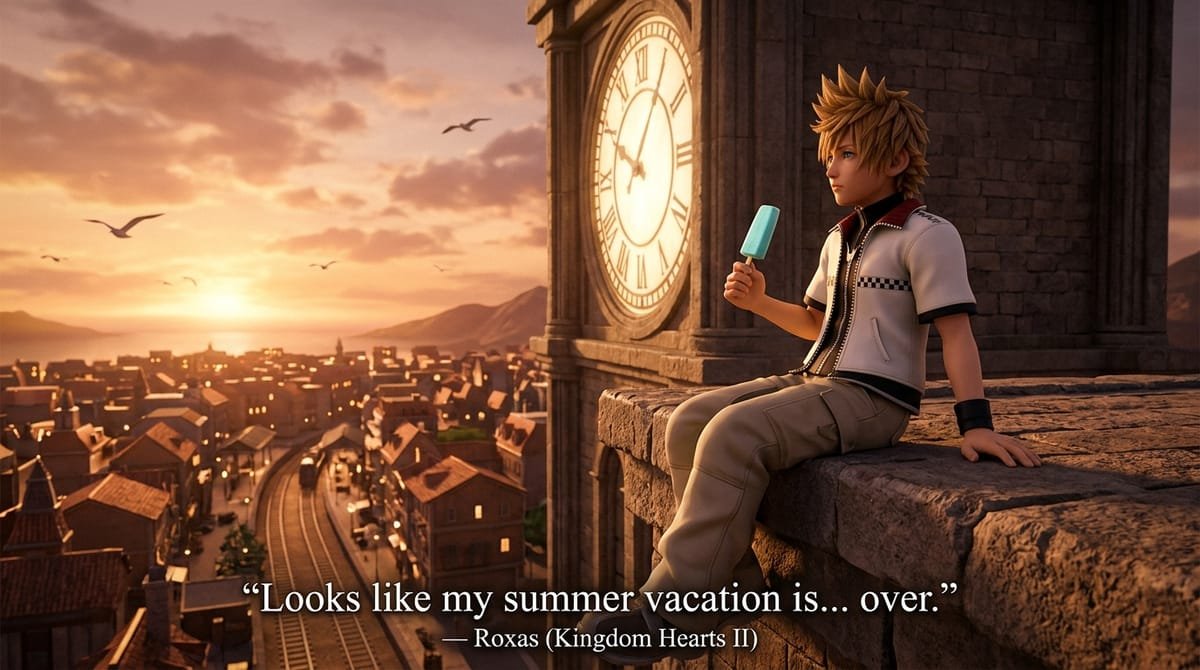 Roxas sitting on the Twilight Town clocktower ledge eating sea-salt ice cream at sunset