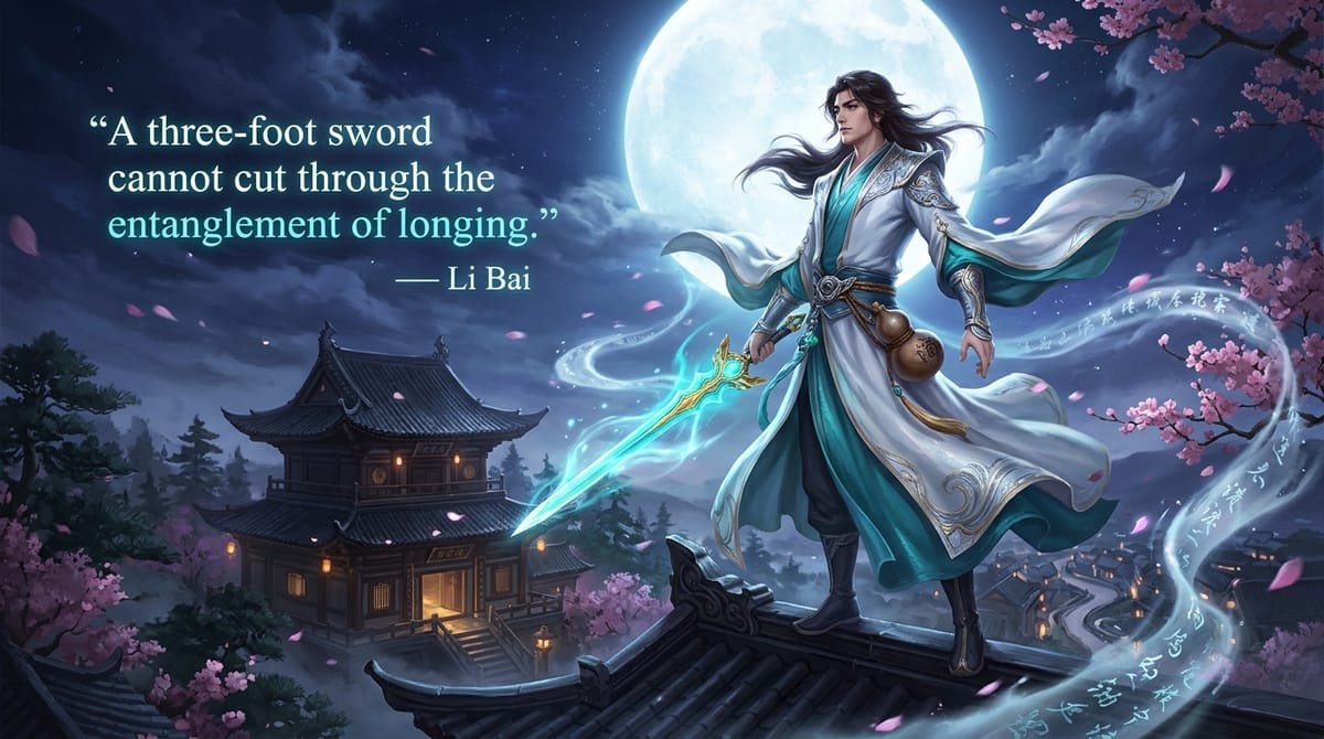 Li Bai atop oriental pavilion under full moon with sword and wine gourd with quote A three-foot sword cannot cut through the entanglement of longing
