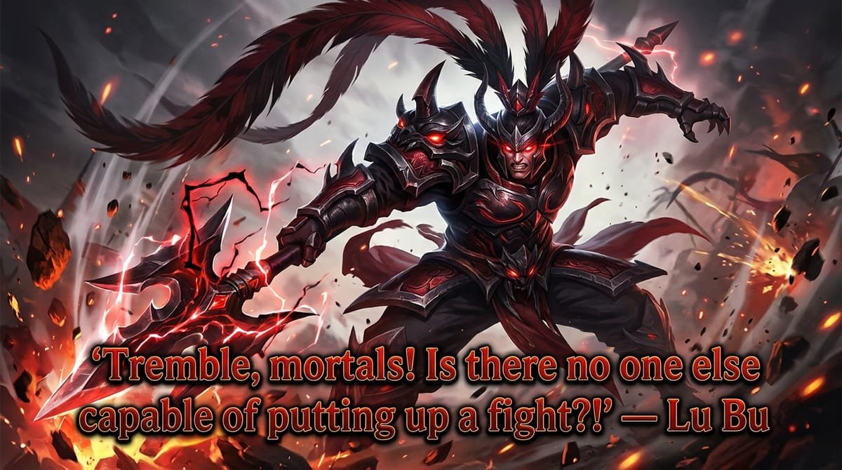 Lu Bu in demonic armor lunging forward with Sky Piercer halberd with quote Tremble mortals Is there no one else capable of putting up a fight