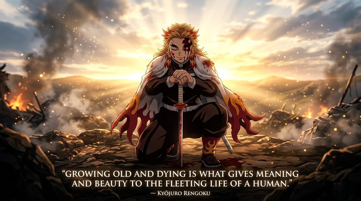 Kyojuro Rengoku kneeling at sunrise with proud peaceful smile with quote Growing old and dying is what gives meaning and beauty to human life