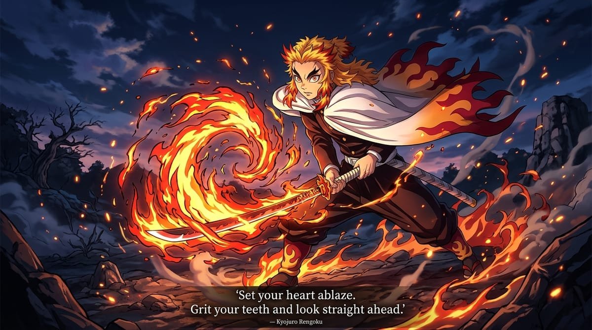 Kyojuro Rengoku wielding flame Nichirin sword with quote Set your heart ablaze grit your teeth and look straight ahead