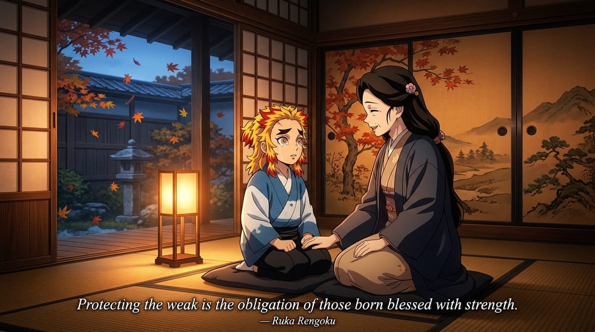 Young Kyojuro with mother Ruka Rengoku in autumn tatami room with quote Protecting the weak is the obligation of those born blessed with strength