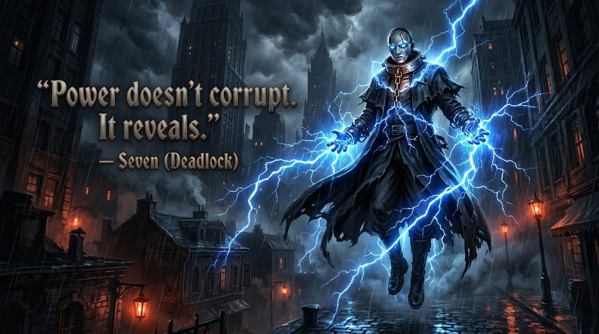 Seven from Deadlock crackling with blue electricity breaking through chains in urban canyon with quote Power does not corrupt It reveals