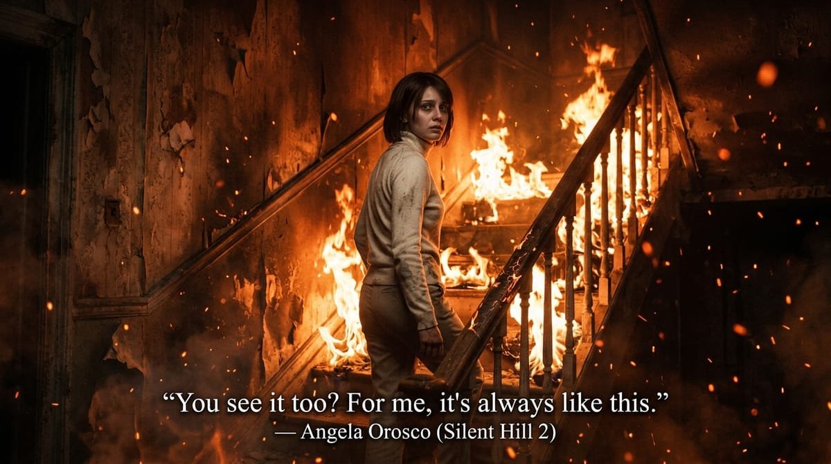 Angela Orosco walking up the burning staircase engulfed in supernatural flames in Silent Hill 2