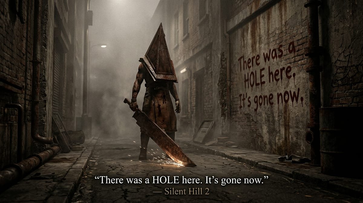 Pyramid Head dragging the Great Knife past a brick wall scrawled with There was a hole here in Silent Hill 2