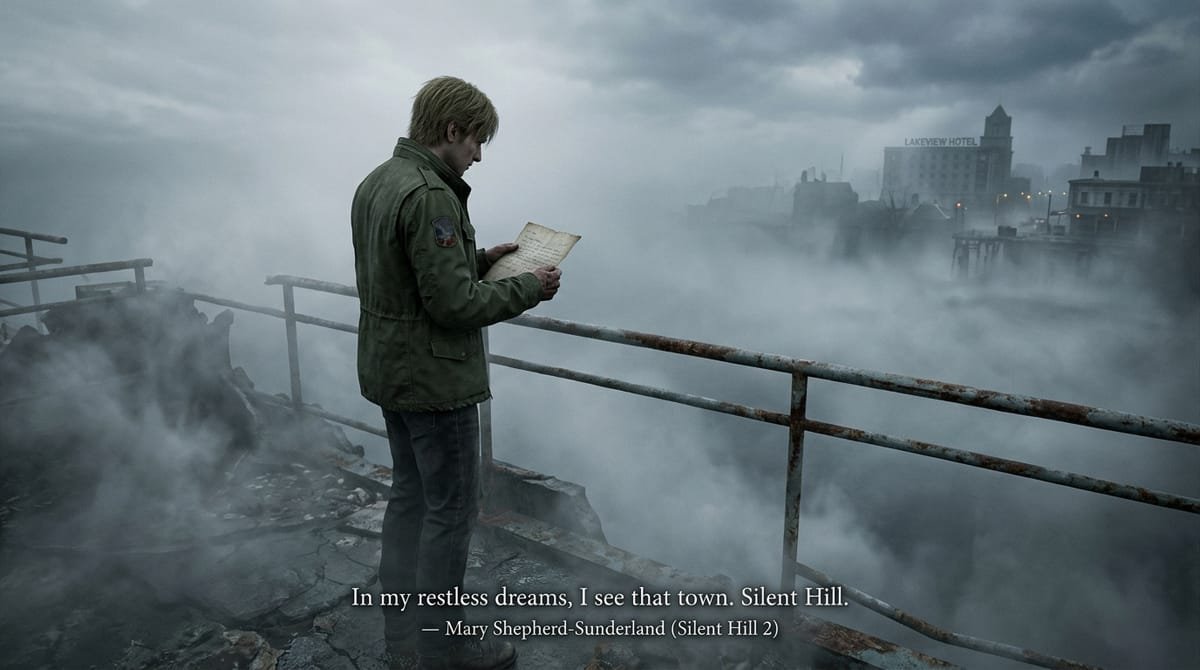 James Sunderland standing at the foggy observation deck holding Mary's letter in Silent Hill 2