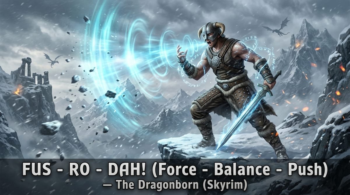 Dragonborn in horned helmet unleashing Fus Ro Dah shockwave atop snowy mountain