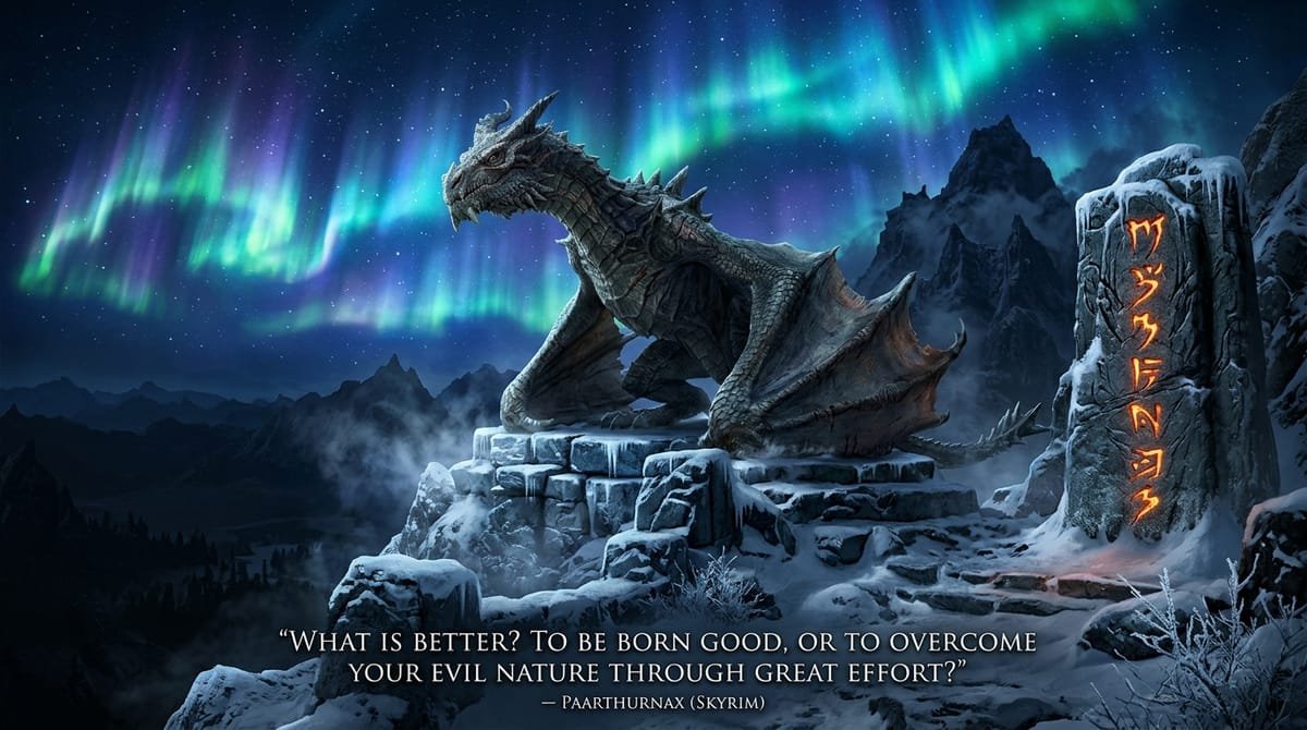 Ancient dragon Paarthurnax on Throat of the World under northern aurora in Skyrim with quote What is better? To be born good, or to overcome your evil nature through great effort?