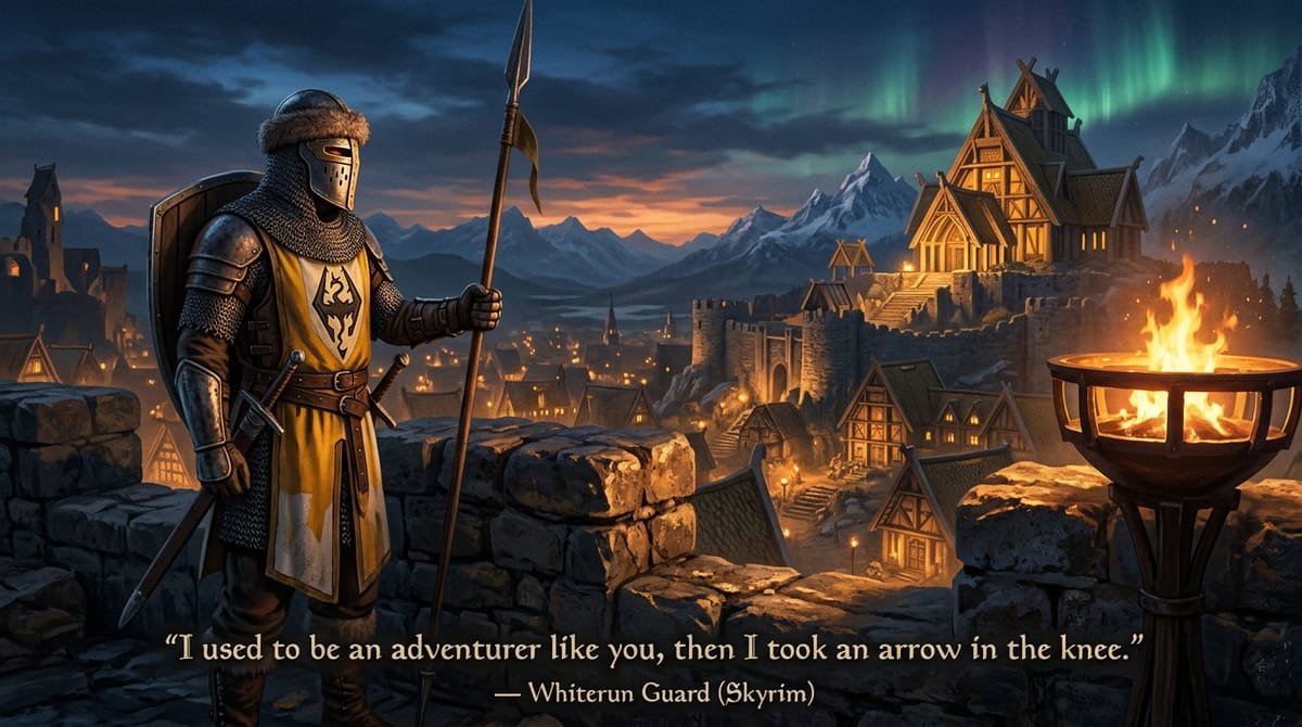 Whiterun guard on the stone walls under starry northern aurora