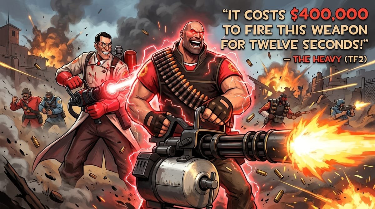 The Heavy firing Sasha with Ubercharge glow beside Medic with quote It costs 400000 dollars to fire this weapon for twelve seconds