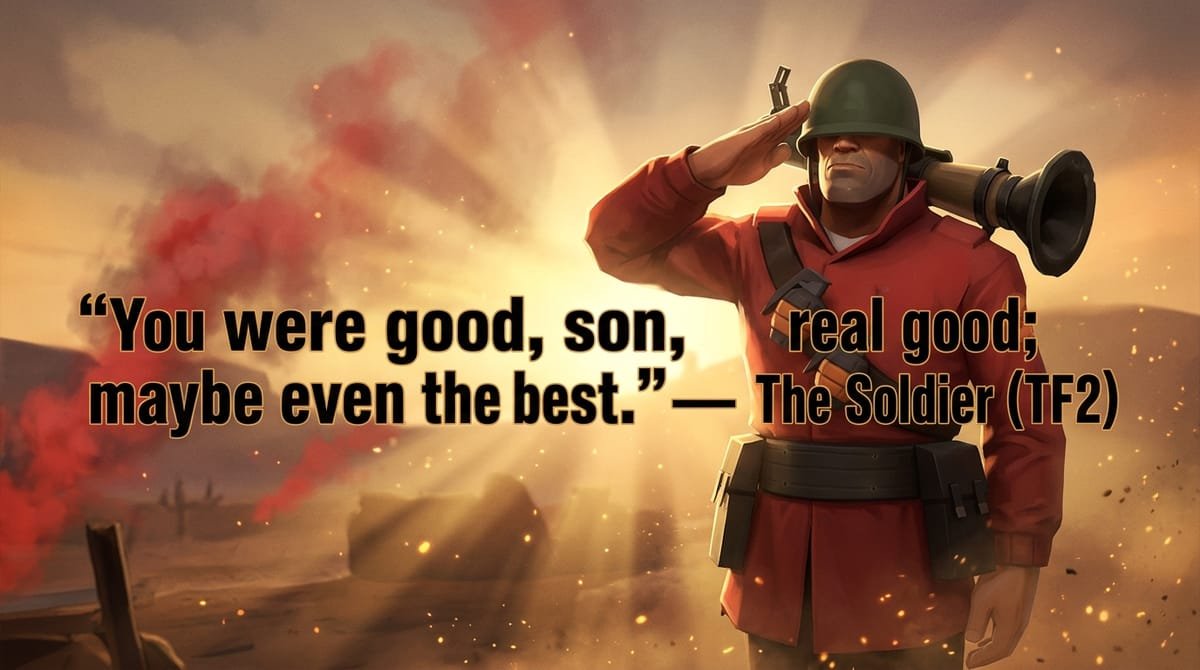 The Soldier from Team Fortress 2 saluting with rocket launcher at sunset with quote You were good son real good maybe even the best