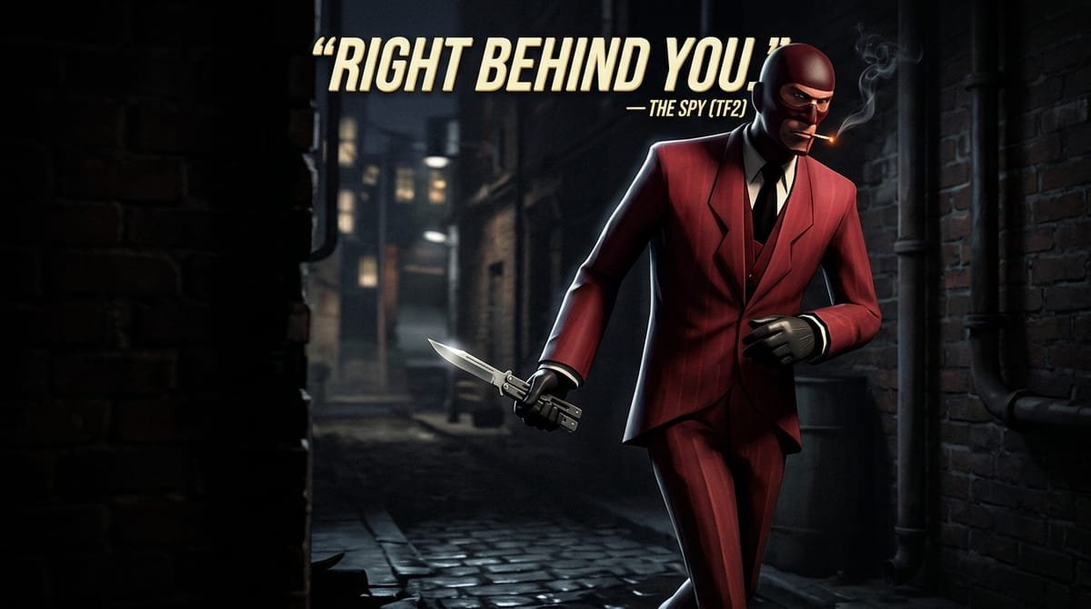The RED Spy in tailored suit holding butterfly knife in shadows with quote Right behind you