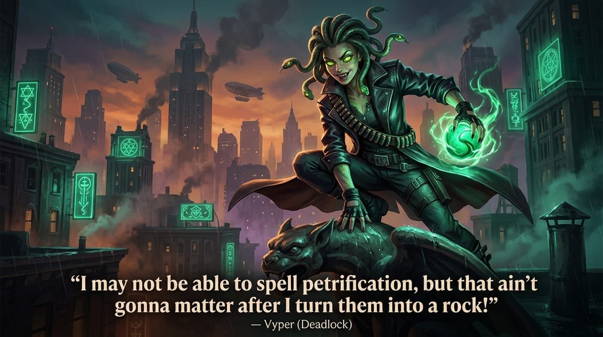 Vyper from Deadlock crouching on rooftop with glowing green Petrifying Bola with quote I may not be able to spell petrification