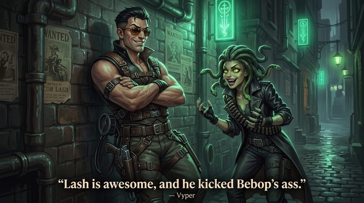 Vyper enthusiastically fangirling beside Jacob Lash in the dark alleys of Deadlock