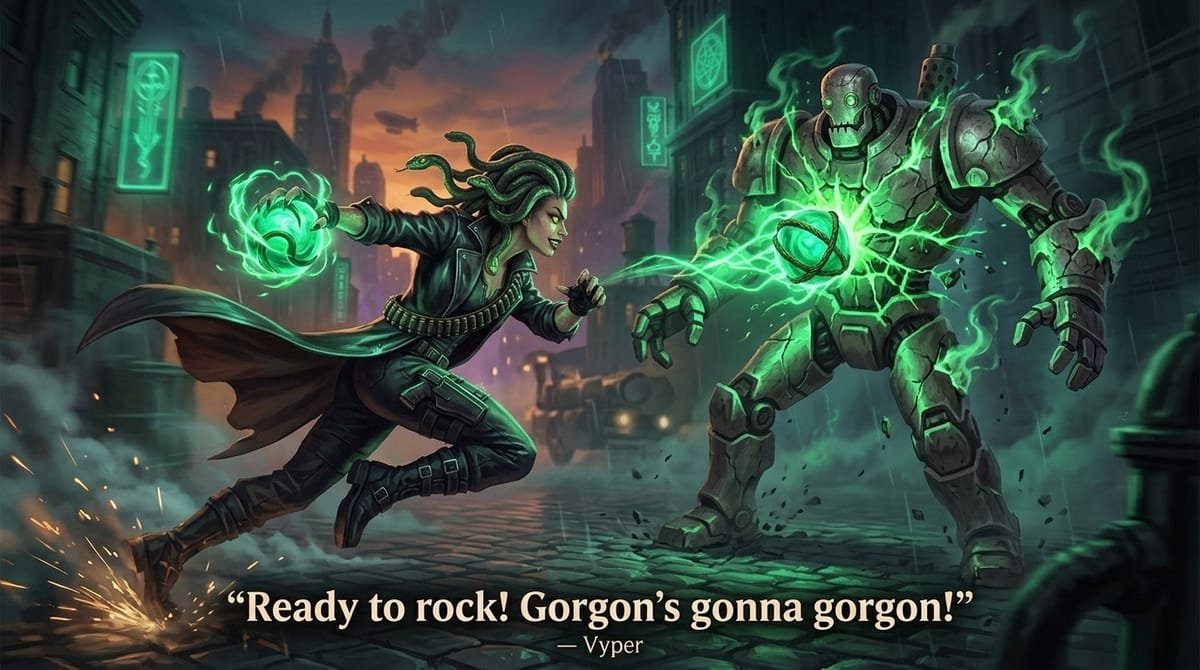 Vyper sliding at high speed throwing her glowing green Petrifying Bola in Deadlock
