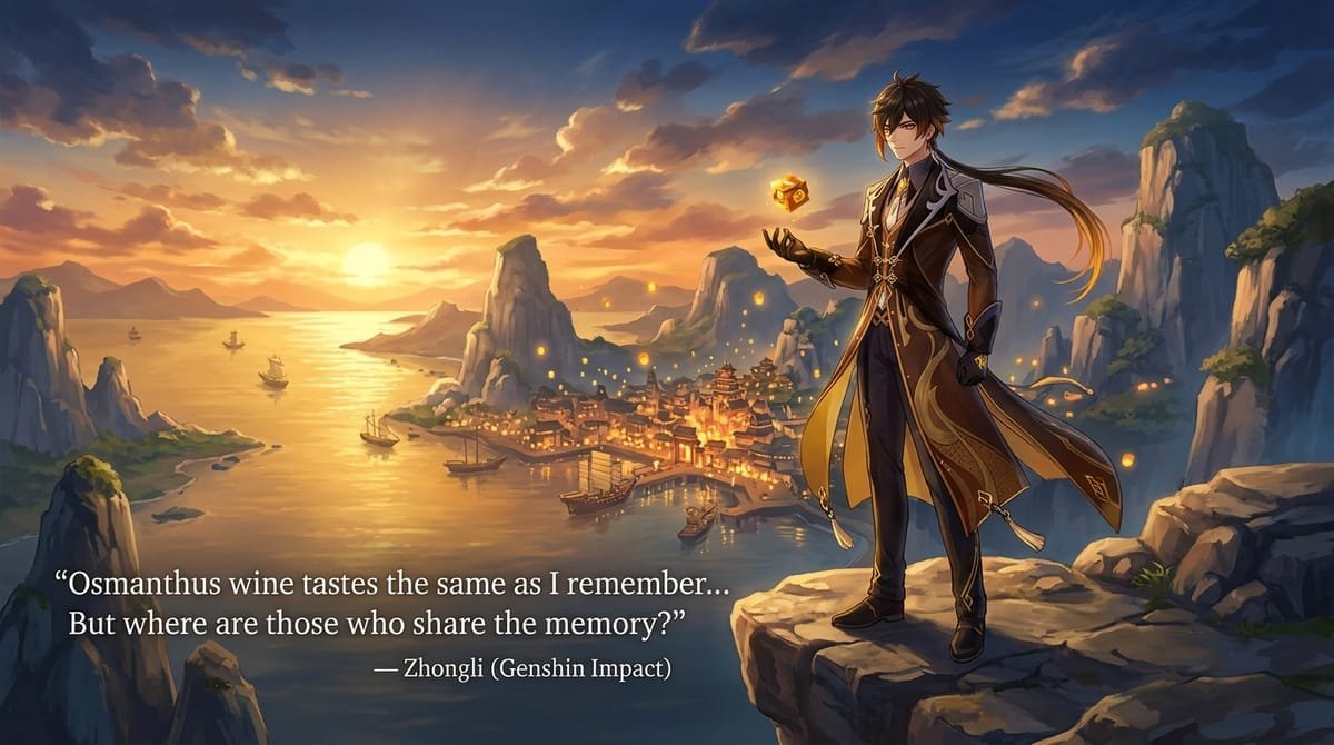 Zhongli standing on Mt. Tianheng overlooking Liyue Harbor with amber geo cube and quote Osmanthus wine tastes the same as I remember but where are those who share the memory